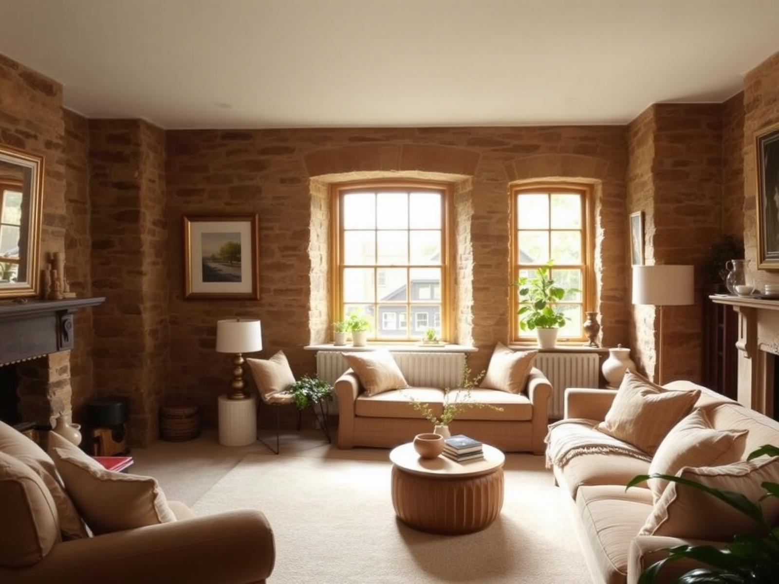 Warm, naturally lit living room in a Scottish stone-built home